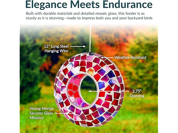 Sunnydaze 6-Inch Glass Mosaic Hanging Bird Feeder, Crimson Mosaic