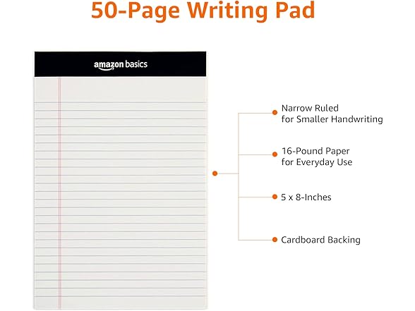 Amazon Basics 5" x 8" Writing Pad, 72Ct