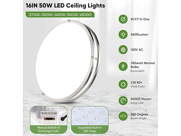TOBUSA 16in 50W LED Flush Mount Ceiling Lights 5600lm, 2 Pack