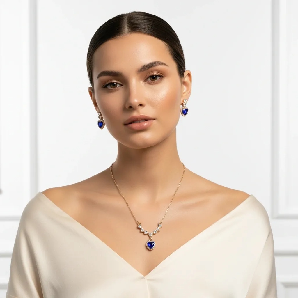 Blue Heart Necklace & Earrings Set - Gallery 6
