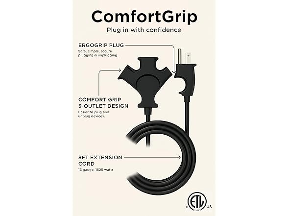 Comfort Grip 3 Outlet 8ft Extension Cord