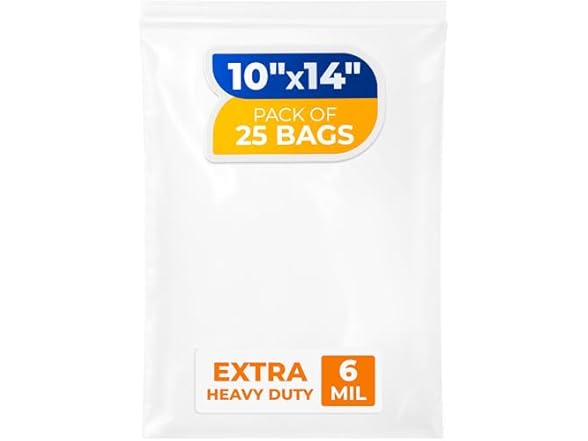 10" x 14" Reclosable Plastic Zip Bags, Pack of 25