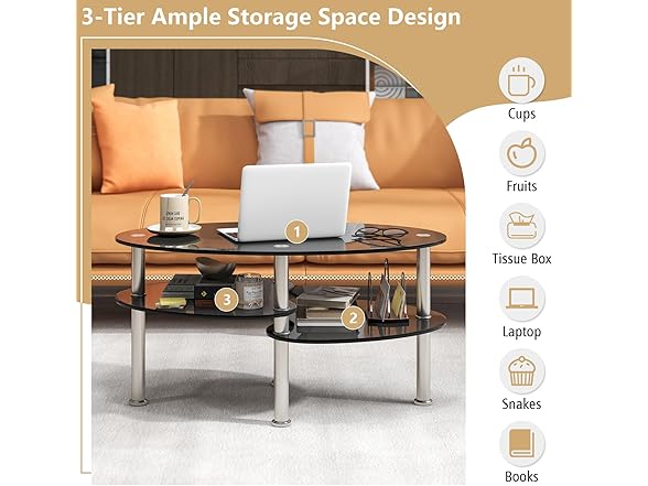 Giantex Oval Glass Coffee Table - 3-Tier