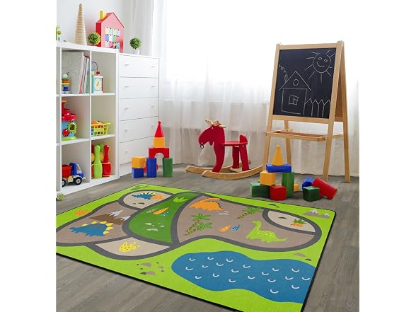 Flagship Carpets Dino Map Classroom Educational Area Rug 6' x 8'4" - Green