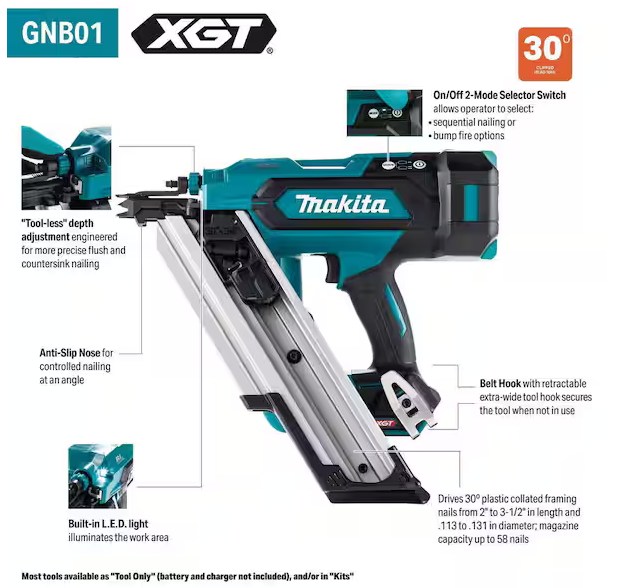 Makita GNB01Z 40V max XGT 3-1/2 in. 30 deg Nailer - Gallery 4