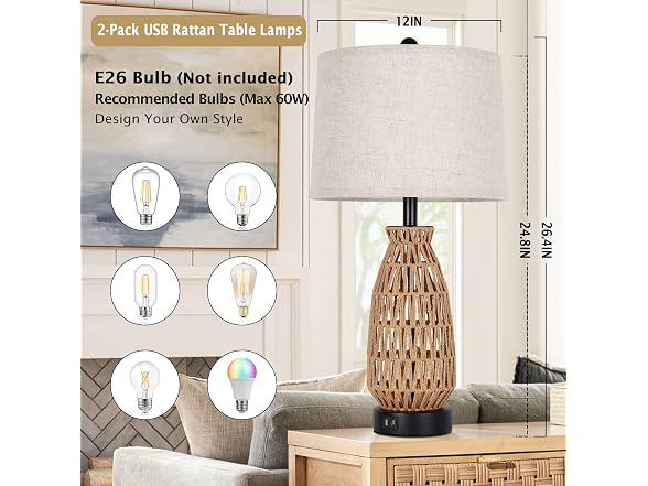 VerRon Rattan Table Lamps 2 Pack