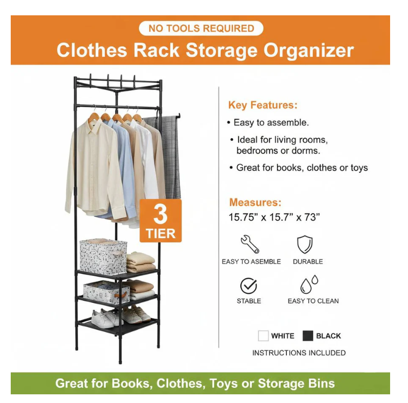 3-Tier Corner Clothing and Shoe Storage Organizer Rack - Gallery 5