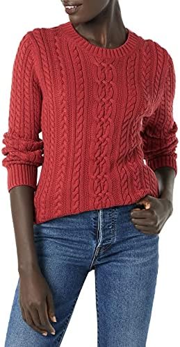 Amazon Essentials Women's Soft Fisherman Cable Long-Sleeve Crewneck Sweater (Available in Plus Size), Dark Red, Small