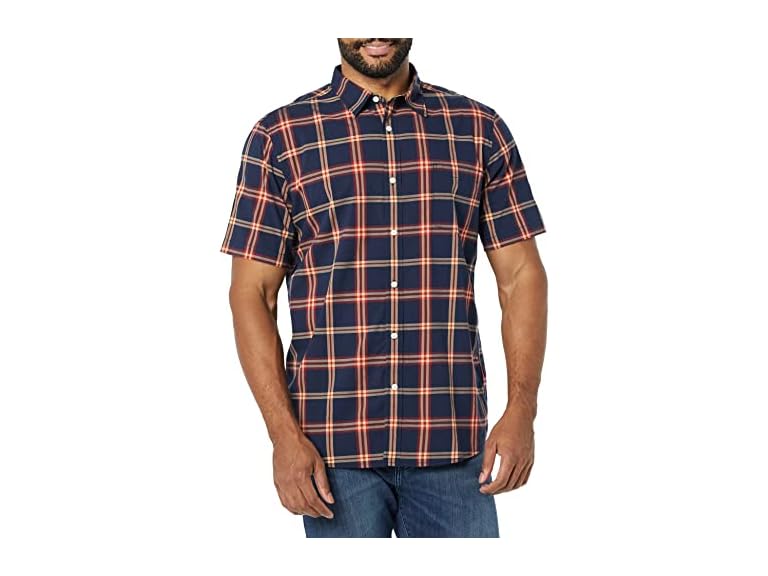 Amazon Essentials Men's Slim-Fit Short-Sleeve Poplin Shirt, Navy Red Plaid, XX-Large