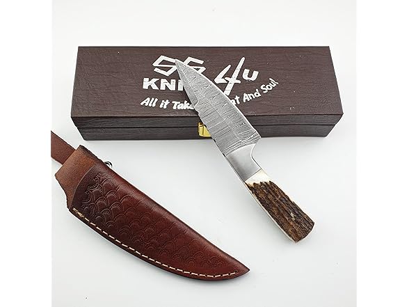 Vetus Hunting Knife Stag Handle Damascus 8"