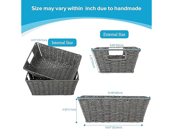 Sukkiri Homu Wicker Storage Basket with Handles, 2-Pack Grey