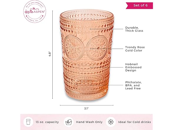 Hobnail Beaded Floral Rose Gold Drinking Glasses Set of 6