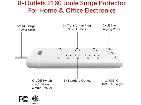 Clear Power 8-Outlet 2160J Surge Protector Power Strip