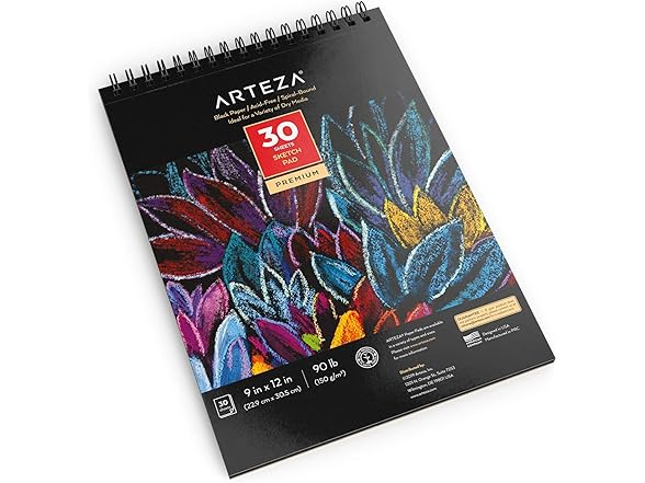 ARTEZA Spiral Sketch Book 9x12 Black Art Paper Draw