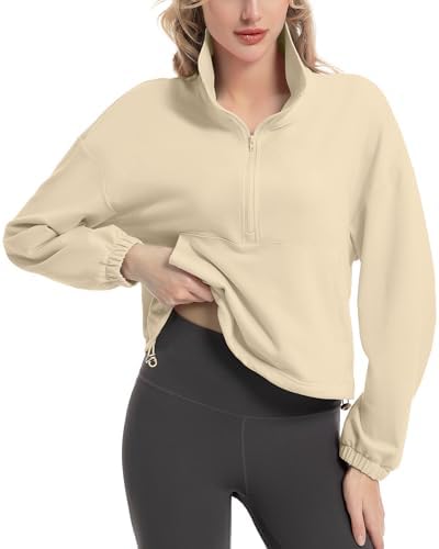 FKEEP Quarter Zip Pullover Women Cropped Sweatshirt Long Sleeve Crop Top Stand Collar Drawstring Casual Pullover Apricot