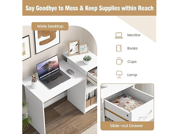 Tangkula White Desk with Drawer