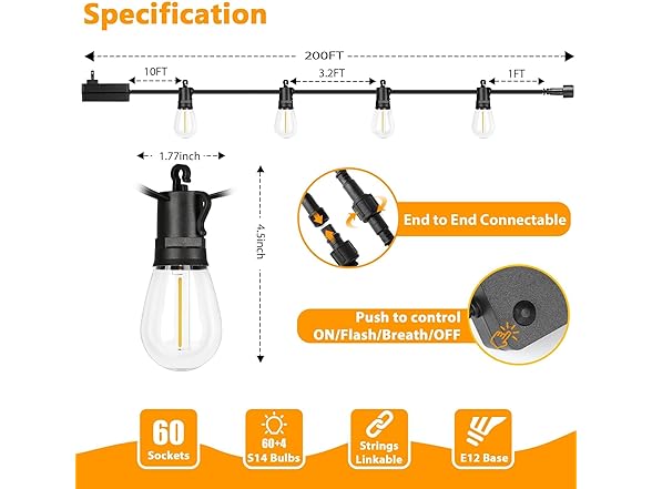 Brightever Outdoor String Lights Waterproof, 200FT