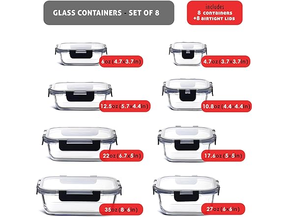 EATEX 16pc Glass Food Storage Containers with Lids