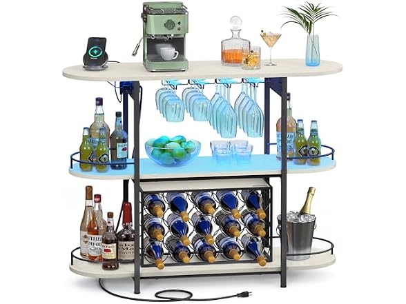 VASAGLE Bar Cabinets for Home, LED Coffee Bar, Rustic White