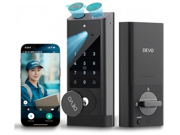 DEVO G1 Video Smart Lock with Camera & Doorbell, 6-in-1 Keyless Entry Door Lock for Front Door with Fingerprint, Auto Locks, App Remote, Wi-Fi Smart Deadbolt Black (Open Box)