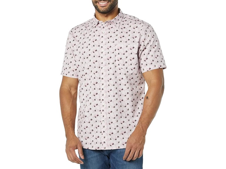 Amazon Essentials Men's Slim-Fit Short-Sleeve Poplin Shirt, Lavender Palm Leaf Print, Large