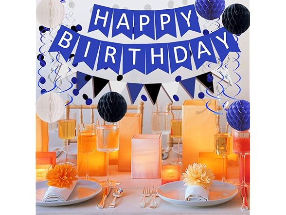 FECEDY Navy Blue White Black Happy Birthday Decor