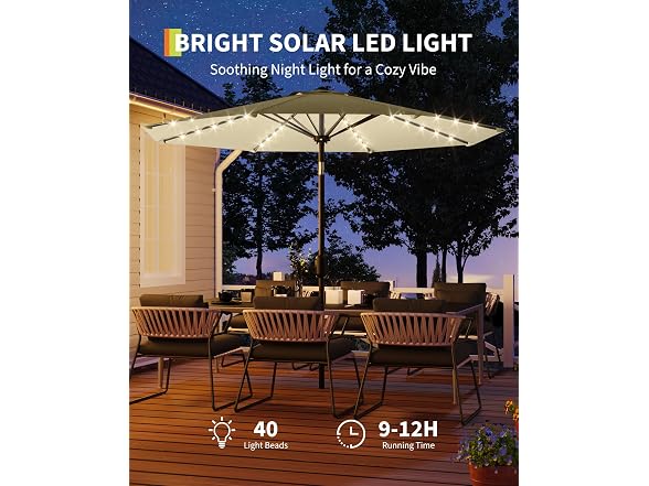 GarveeLife 10ft Solar LED Umbrella Beige