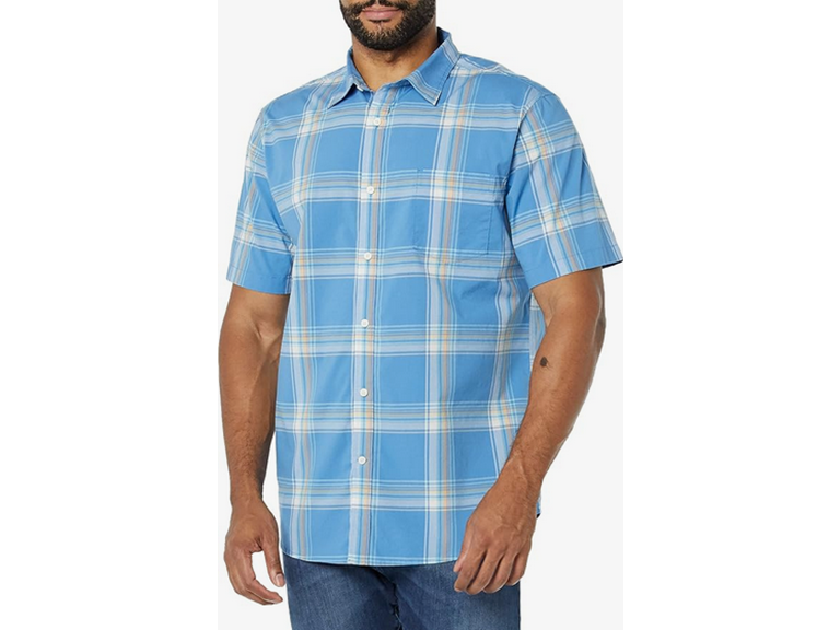 Amazon Essentials Men's Slim-Fit Short-Sleeve Poplin Shirt, Light Blue Orange Plaid, Large