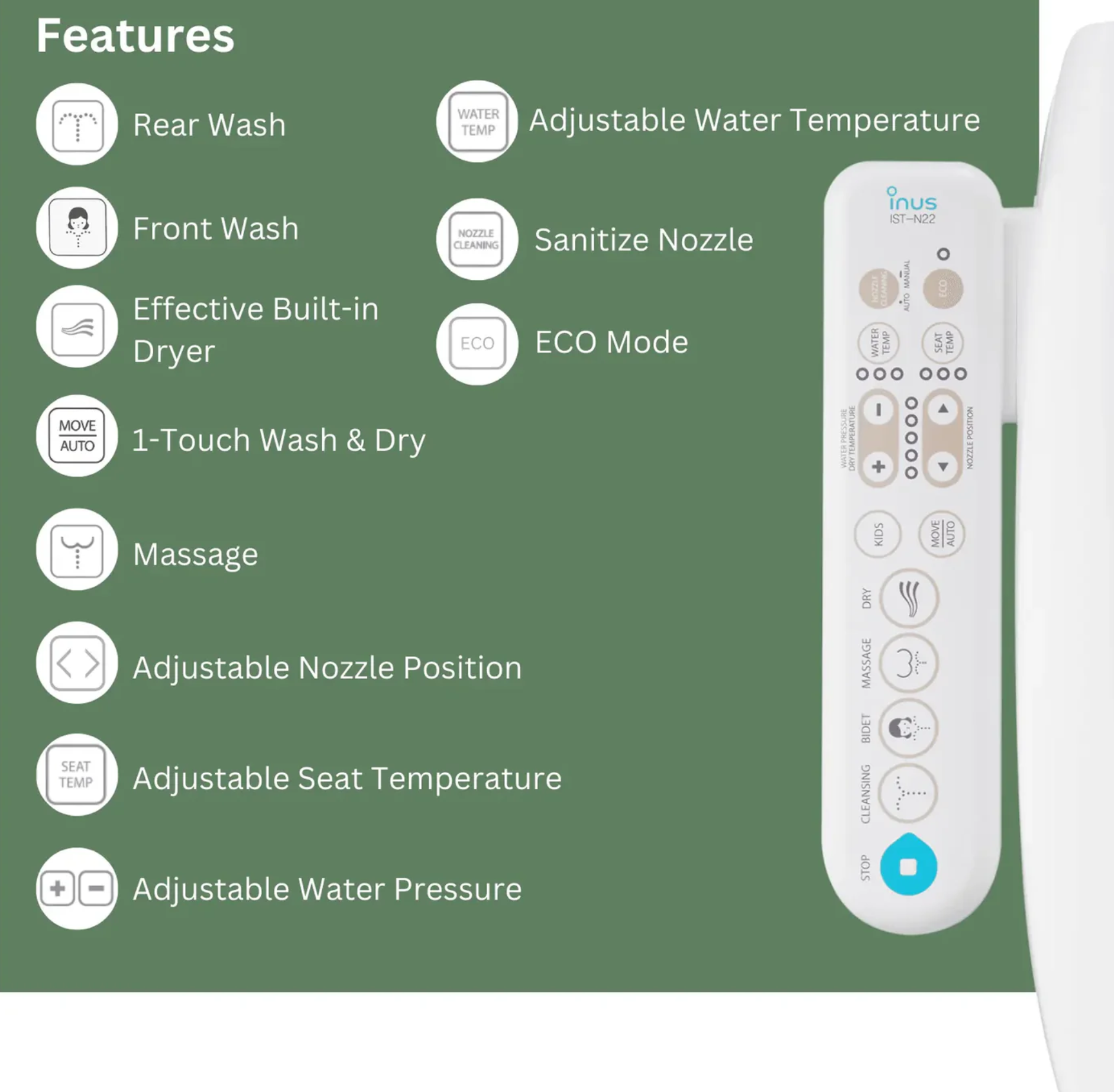 Inus N22 Electronic Bidet Heated Seat & Dryer, Elongated - Gallery 10