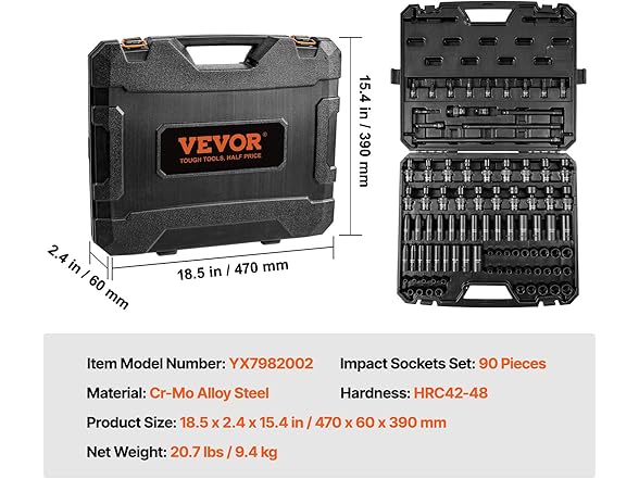 VEVOR 3/8" Drive Impact Socket Set SAE & Metric 90 Piece Socket Set