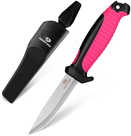 MOSSY OAK Fixed Blade Outdoor Knife with Sheath, 4-inch Stainless Steel Drop Point Blade, Outdoor Knives for Hunting, Fishing, Camping (Magenta)