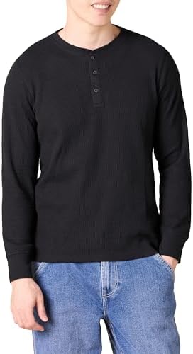 Amazon Essentials Long Sleeve Waffle Henley Shirts for Men, Slim-Fit, Black, Large