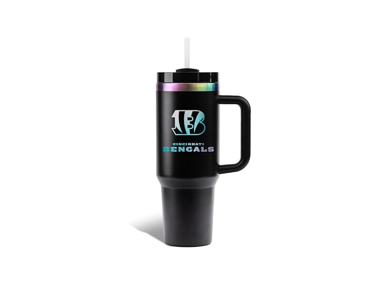 The Memory Company Officially Licensed NFL 40oz Iridescent Laser Etched Logo Tumbler with Handle, Double-Wall Vacuum Insulated Stainless Steel, Hot & Cold Drink Travel Cup, Leak-Proof Lid, Team Logo