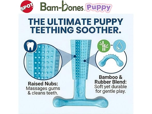 SPOT Bam-Bones Puppy T-Bone Dog Chew Toy- 6" Blue