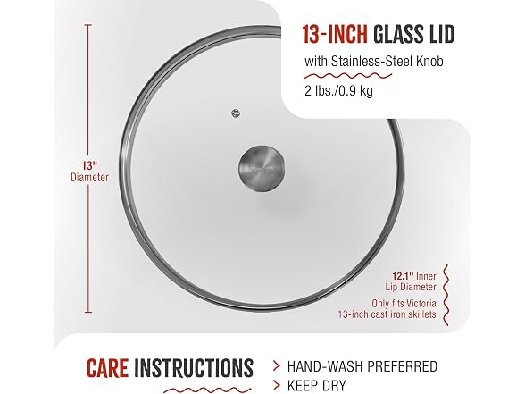 Victoria Round 13-Inch Glass Lid for Cast Iron Skillet or Pan