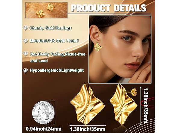 Chunky Gold Stud Earrings for Women fashion, 14k G