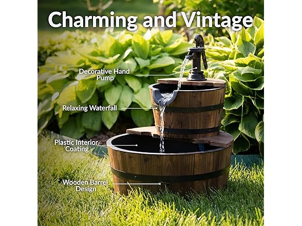 Sunnydaze 2-Tier Wood Barrel Water Fountain - 23-Inch
