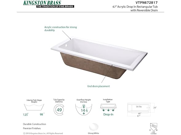 Kingston Brass 67" Acrylic Rectangular Drop-In Tub