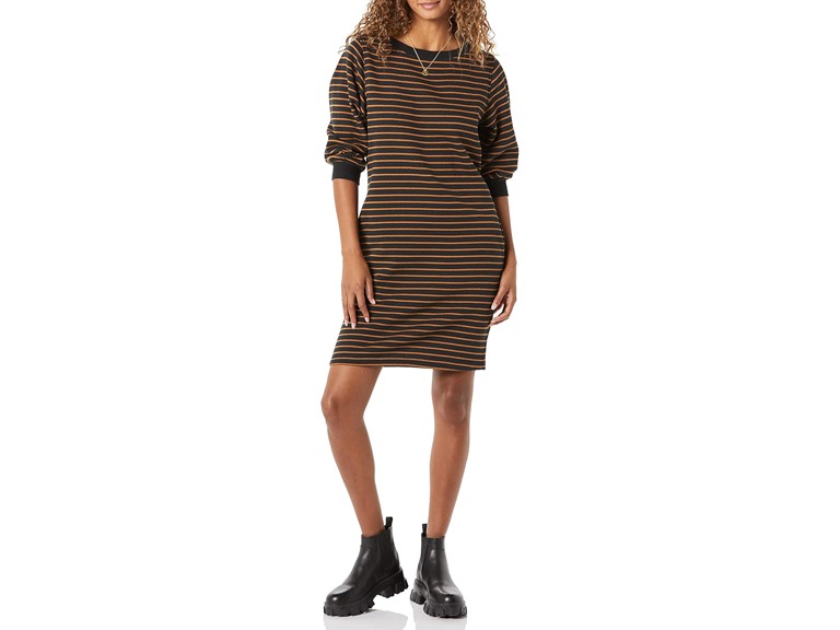 Amazon Essentials Women's Fleece Blouson Sleeve Crewneck Sweatshirt Dress (Available in Plus Size), Beige, Large