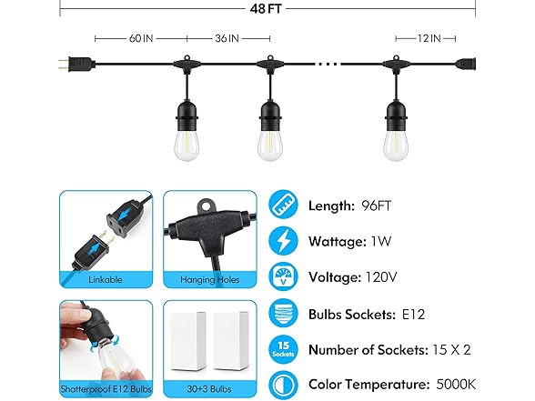 Lakumu Outdoor String Lights,96FT,Black
