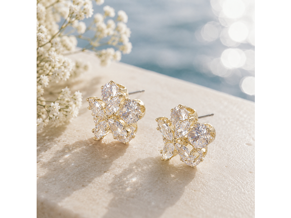 18K Gold Flower CZ Stud Earrings
