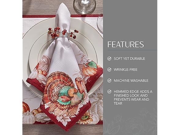 Elrene Home Fashions Holiday Turkey Bordered Fall Napkins