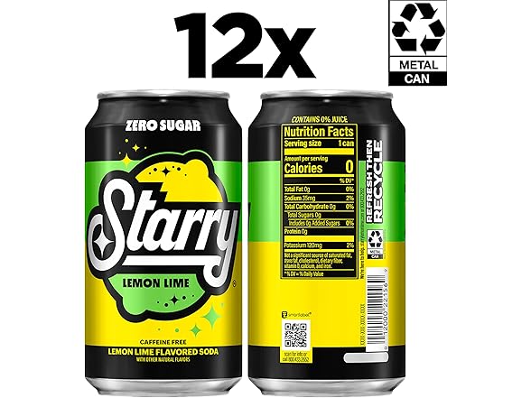 12PK Starry Zero Sugar Lemon Lime Soda, 12 Fl Oz Cans