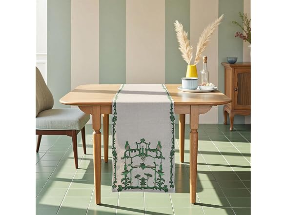 Creative Co-Op Woven Cotton Slub Printed Table Runner Cream and Green