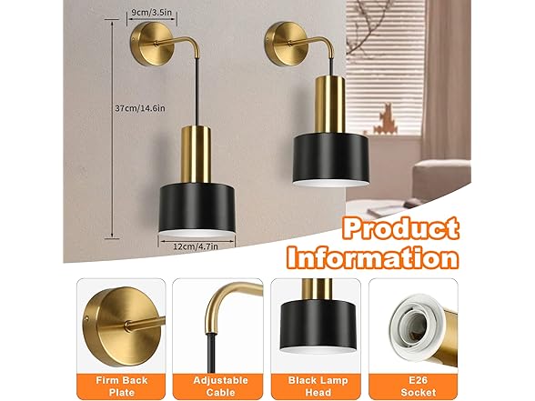 VerRon Set of 2 Battery Operated Wall Sconces, Black