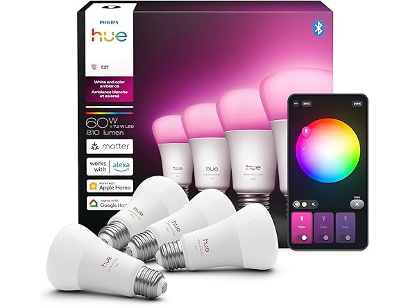 Philips Hue Smart LED A19 Bulb 4-Pack