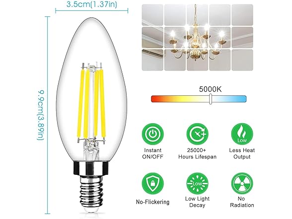 6Pk Dimmable E12 LED Candelabra Bulbs 40W, Daylight White