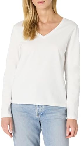Amazon Essentials Women's 100% Cotton Regular-Fit Long-Sleeve V-Neck T-Shirt, White, Medium