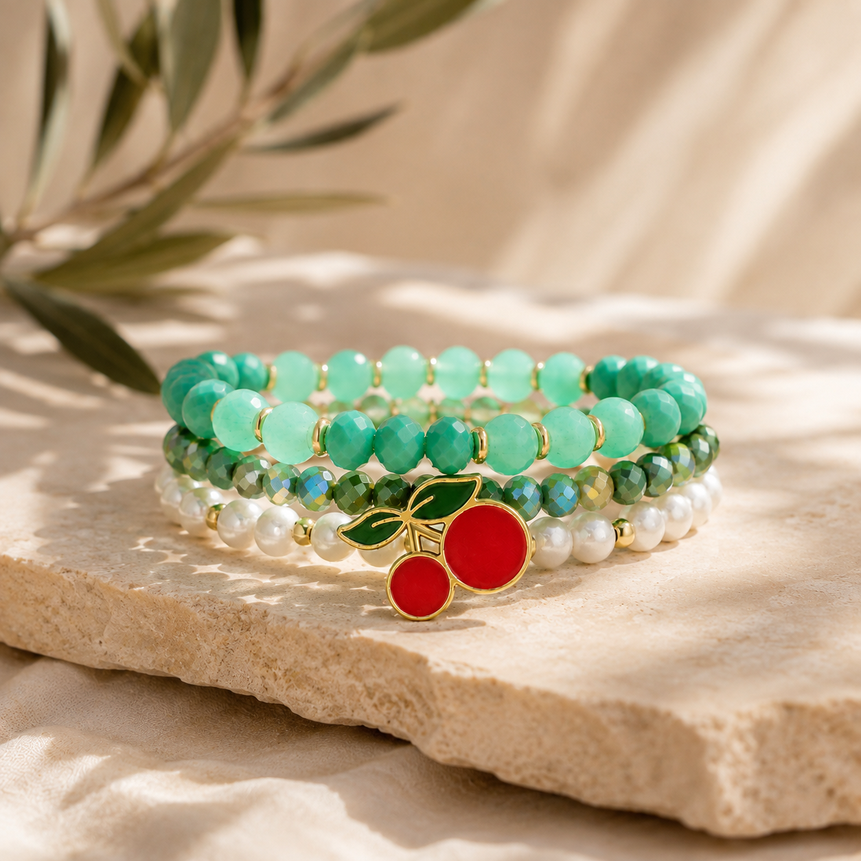 Stretch Beaded Bracelet Stack with Cherry Charm - Gallery 5
