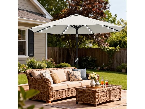 ABCCANOPY Solar Led Patio Umbrella with 32 Lights 10FT(Light Beige)